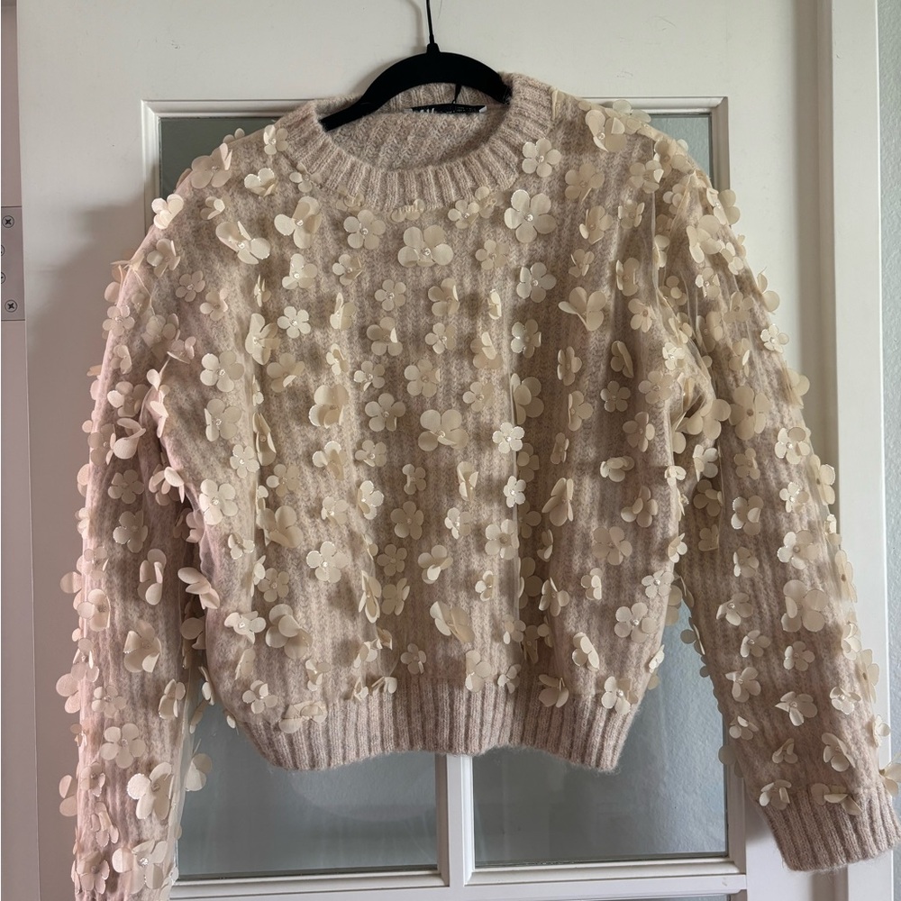 Zara Beige Floral Embellished Sweater